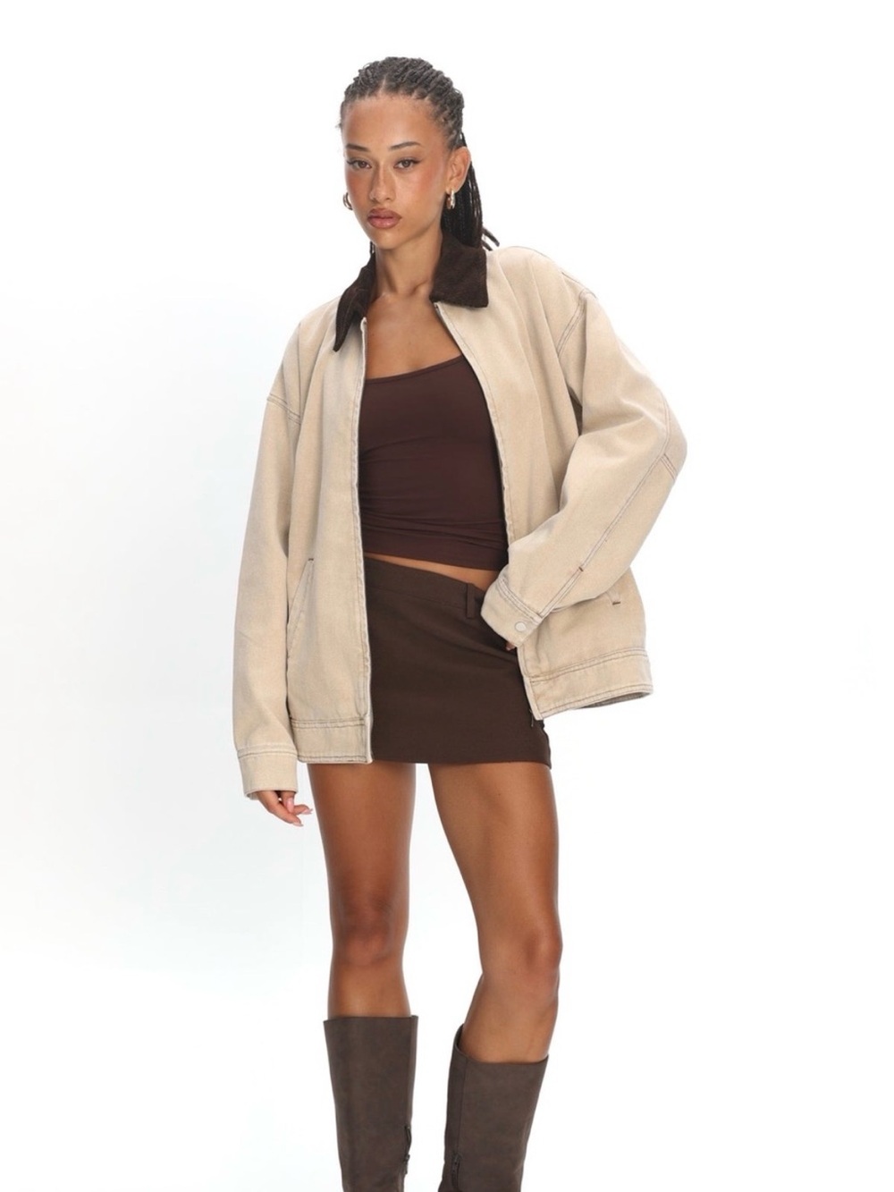 Lioness Beige Bomber Jacket with Dark Brown Collar